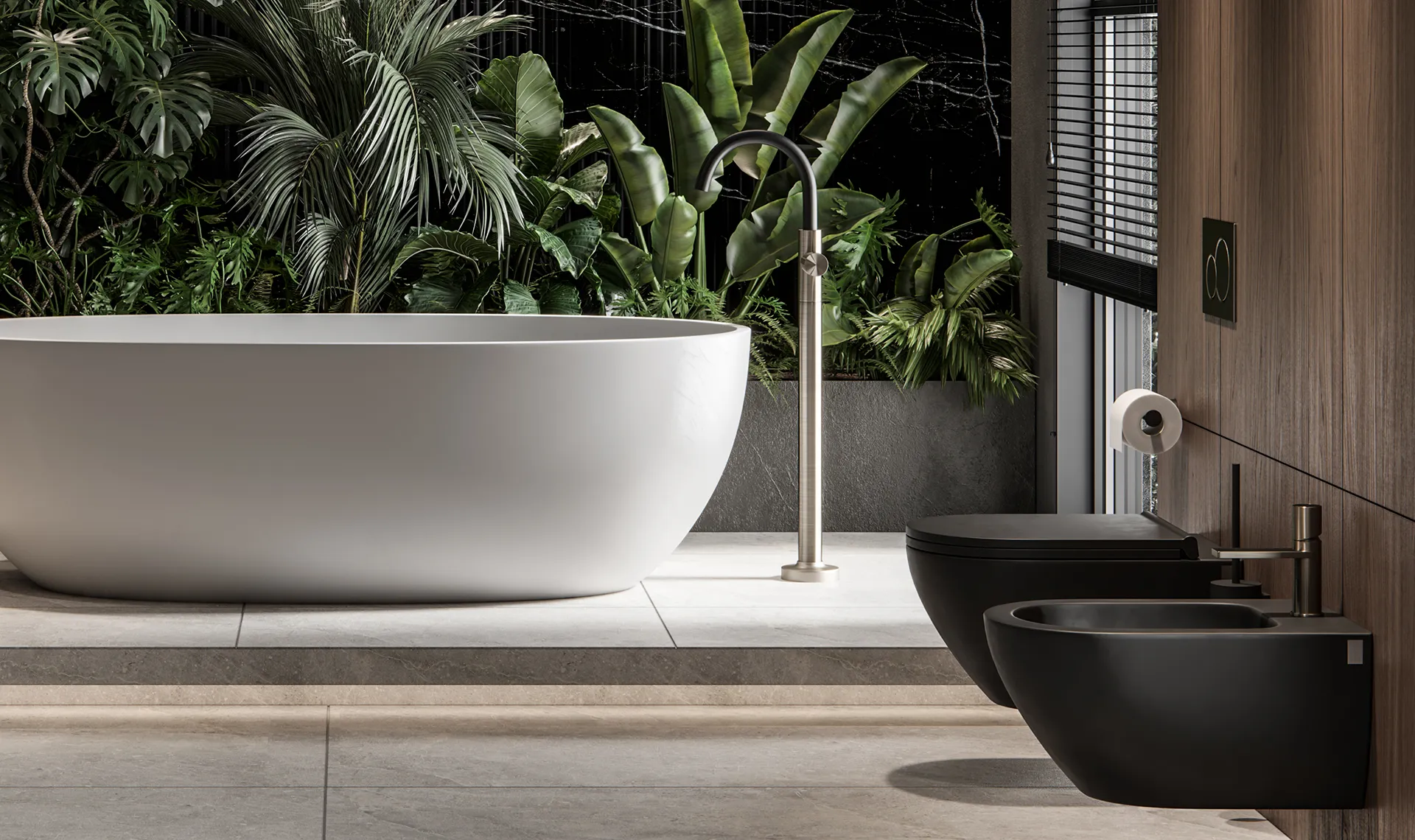 Luxury bathroom with a freestanding stone bath and timber panelling