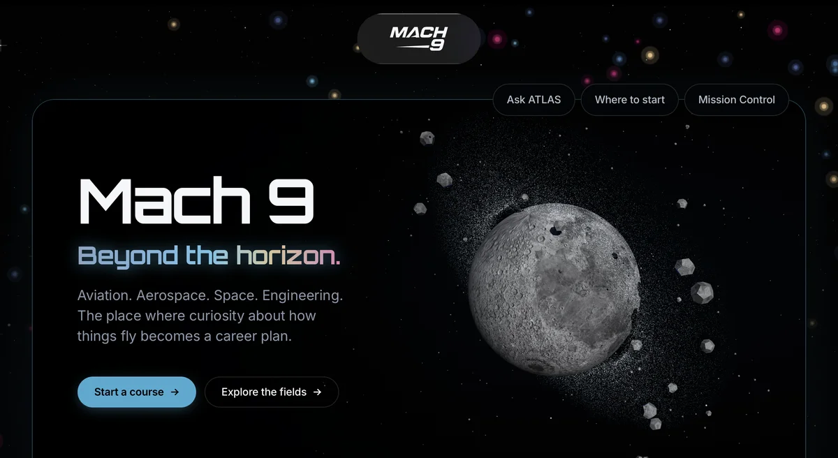 Mach 9's rebuilt site: a dark space scene with a floating logo mark, an orbiting moon and clear course navigation