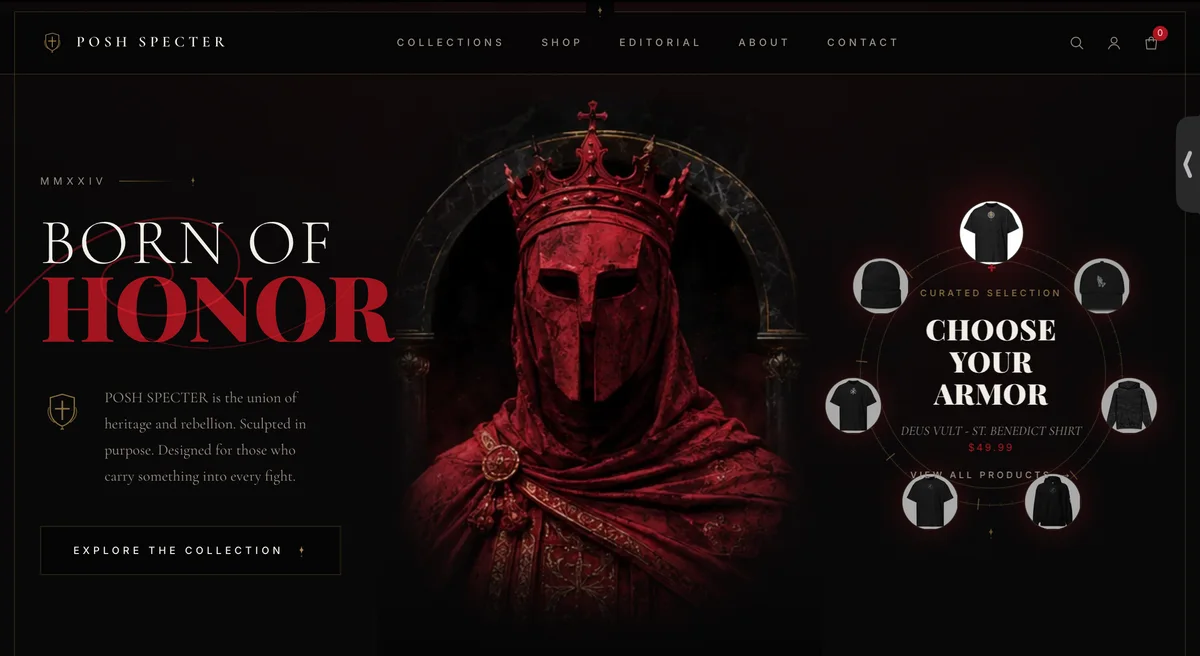 Posh Specter's rebuilt site: a full-bleed hero portrait under a Born of Honor headline with a curated product selector