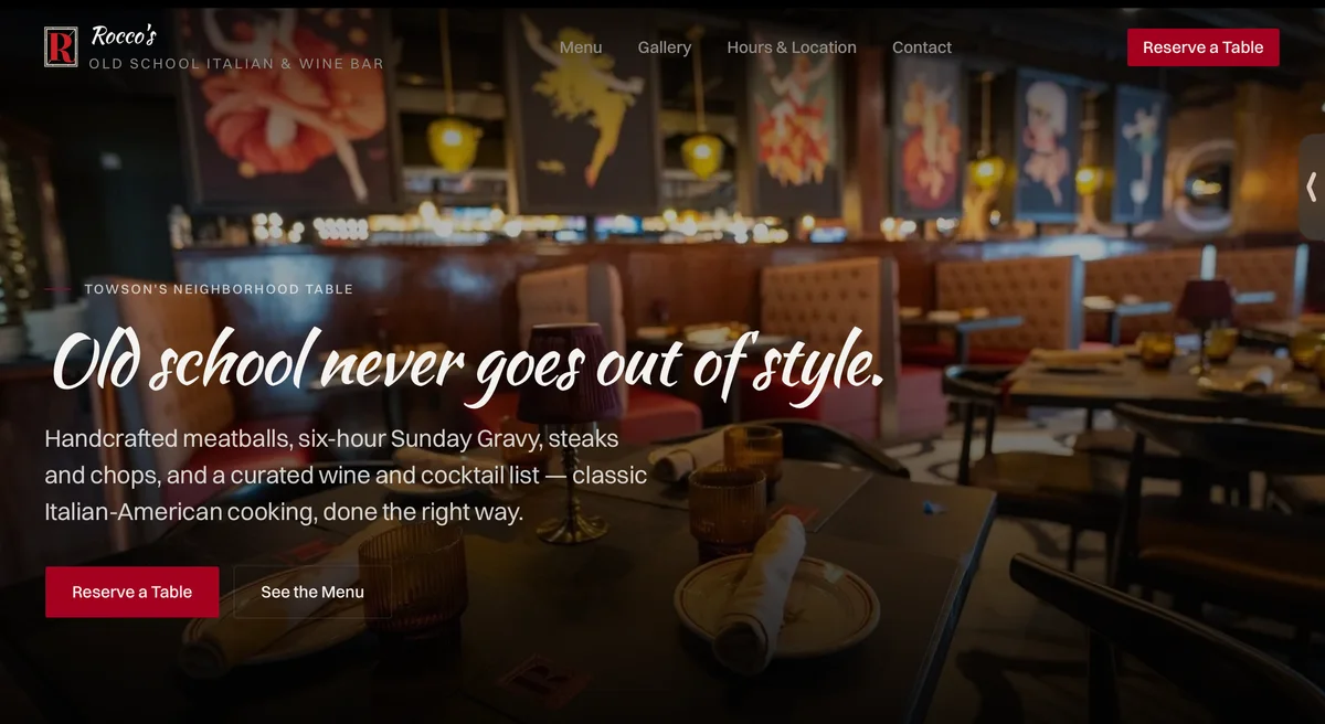 Rocco's rebuilt site: a full-bleed dining room photo with a headline, description and reservation buttons