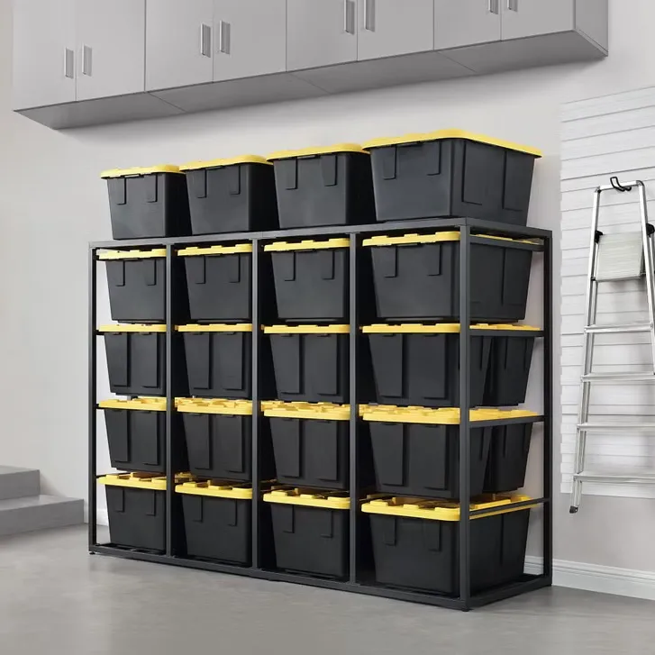 Heavy-duty storage rack stacked with yellow-lidded black storage bins beside a folding ladder