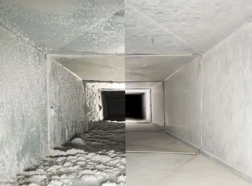 Before-and-after comparison inside an air duct, heavily soiled on one side and professionally cleaned on the other